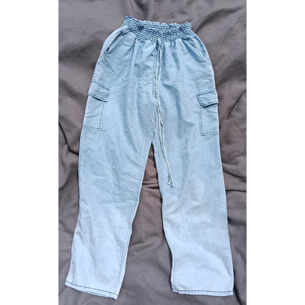 RD & Koko Chambray Denim Flowy Wide Leg Elastic Waist Pants Medium